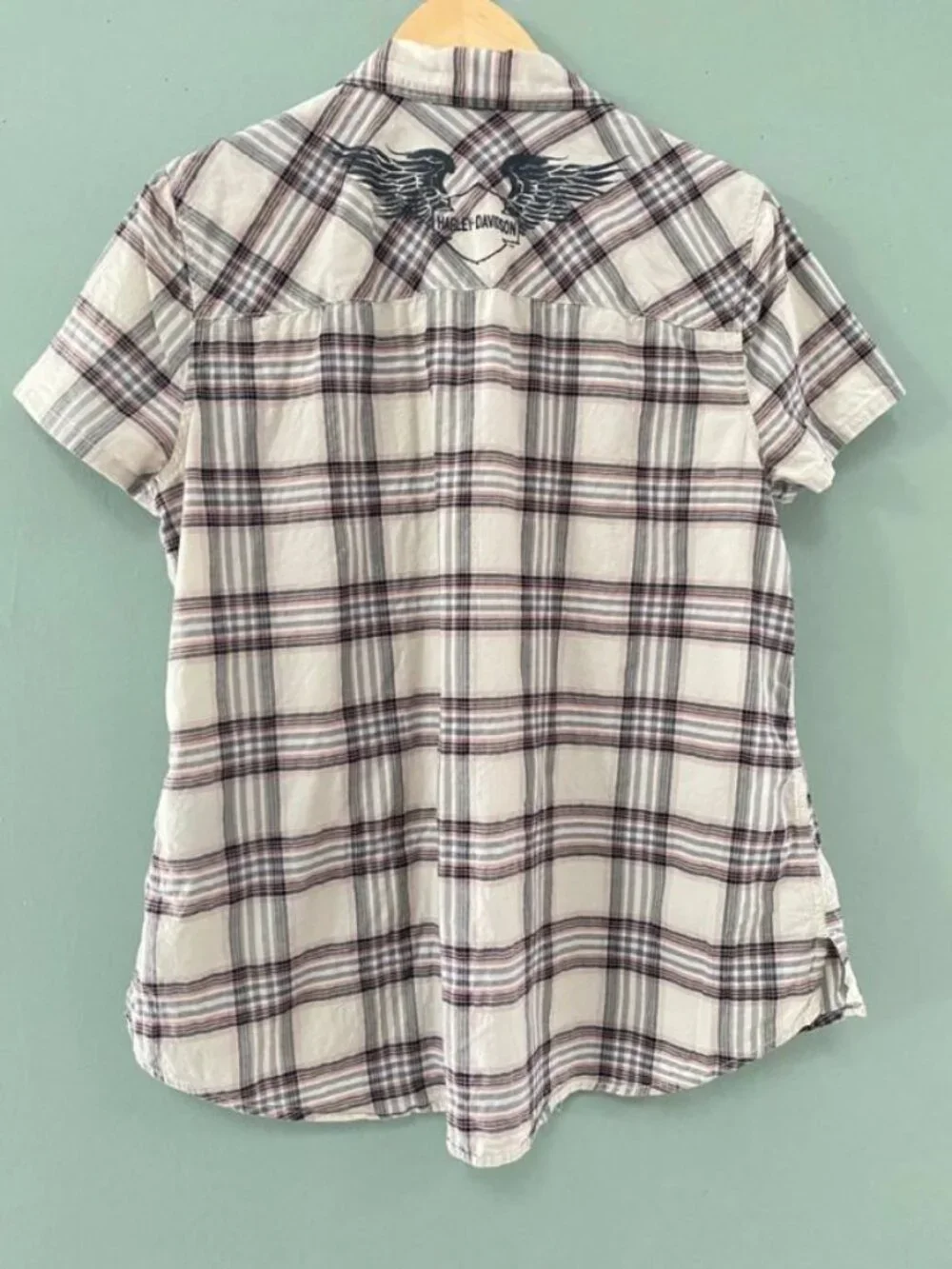 Harley Davidson Motorcycles Women’s Short Sleeve Button Plaid Shirt Size XL - Picture 2 of 4